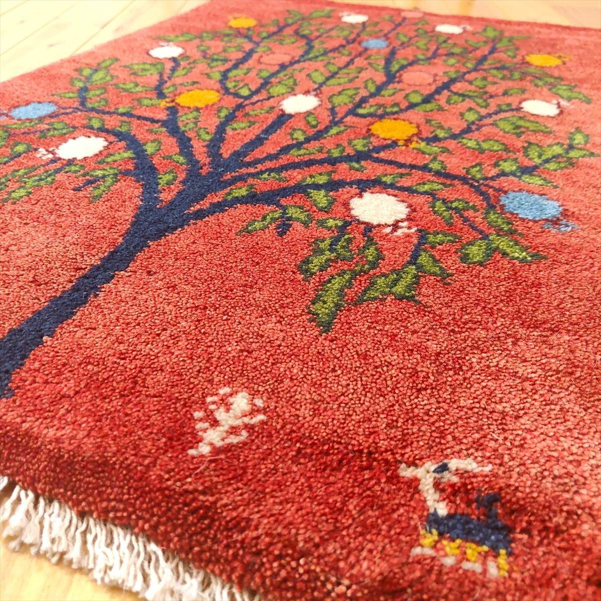 ペルシャ ギャッベ 玄関 85×63 桃色 茜色 ザクロの木 ペルシャ