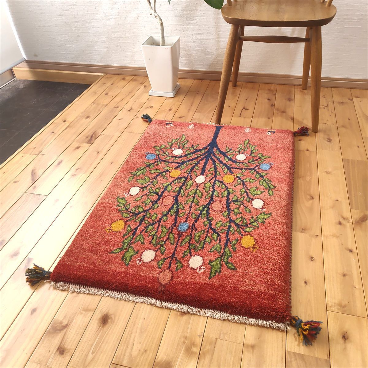 ペルシャ ギャッベ 玄関マット ラグ 88x63㎝ 茜色 桃色 ザクロの木