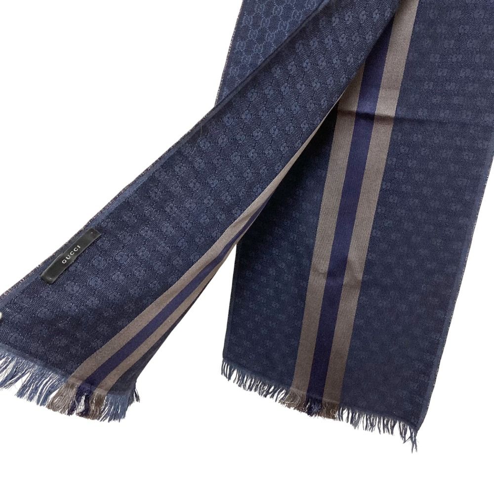 美品！！【グッチ　GG柄　ライン　ストール】 美品 GUCCI グッチ ライン入り GG柄 ウールシルク ストール ブルー