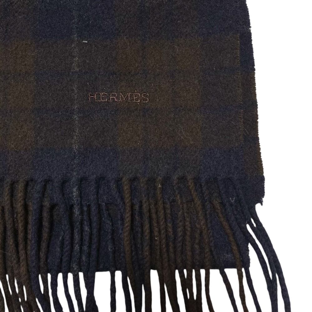 美品 HERMES エルメス カシミヤ100％ チェック マフラー ブラウン
