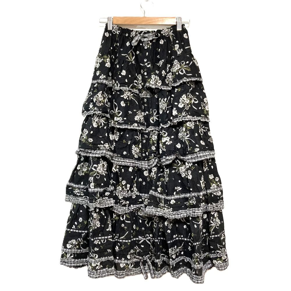 美品✨ピンクハウス　ティアード　リボン　ロングスカート　ピコフリル　ブラック 美品✨ピンクハウス ティアード リボン ロングスカート ピコフリル
