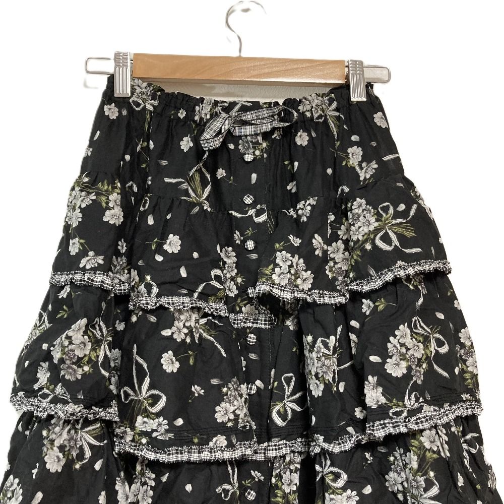 美品✨ピンクハウス　ティアード　リボン　ロングスカート　ピコフリル　ブラック 美品✨ピンクハウス ティアード リボン ロングスカート ピコフリル