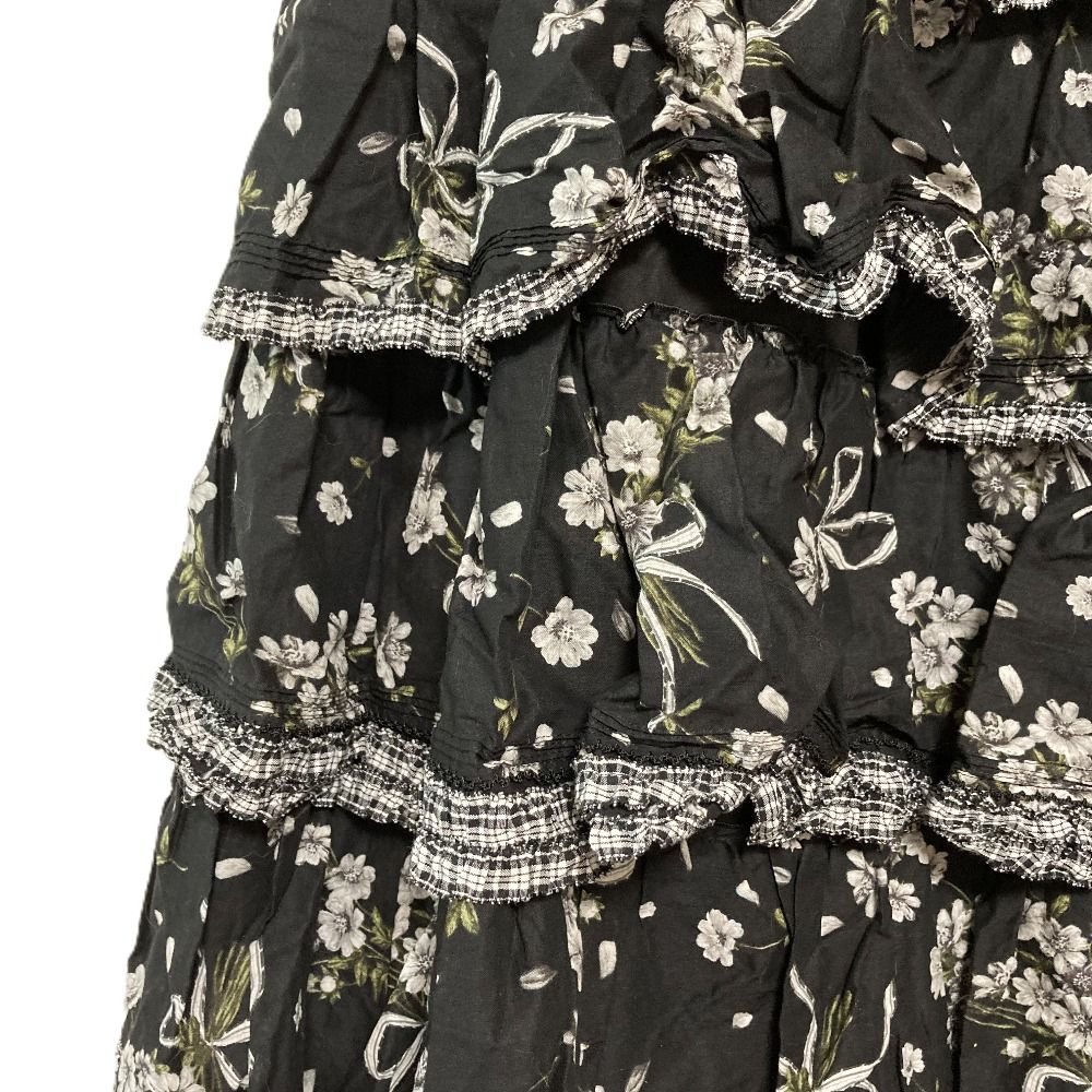 美品✨ピンクハウス　ティアード　リボン　ロングスカート　ピコフリル　ブラック 美品✨ピンクハウス ティアード リボン ロングスカート ピコフリル