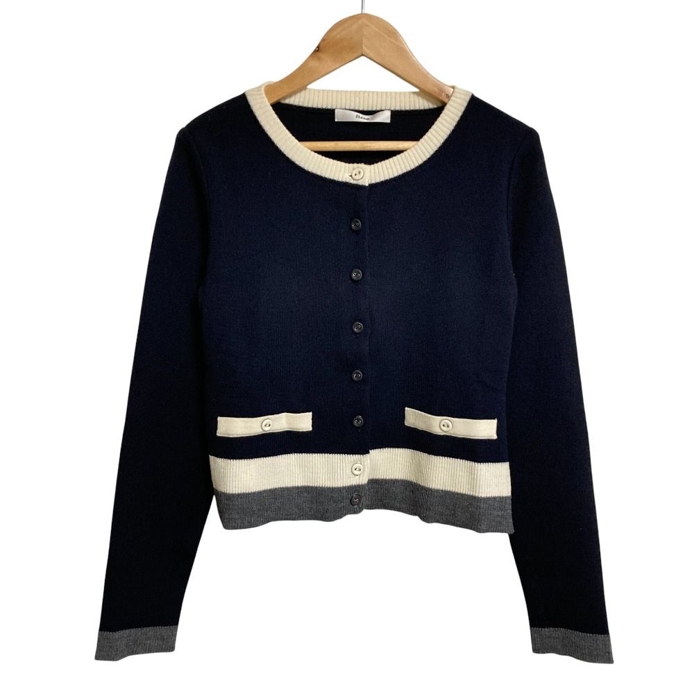 良品 Rene ルネ トリムウール ニットカーディガン 34 ネイビー