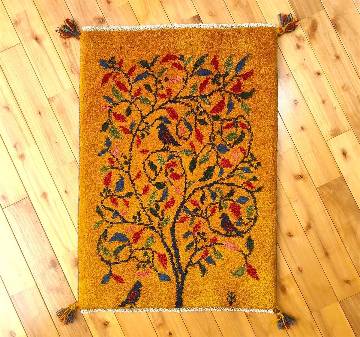 ペルシャ ギャッベ 玄関 ラグ 88x60cm 黄金色 生命の木 鳥