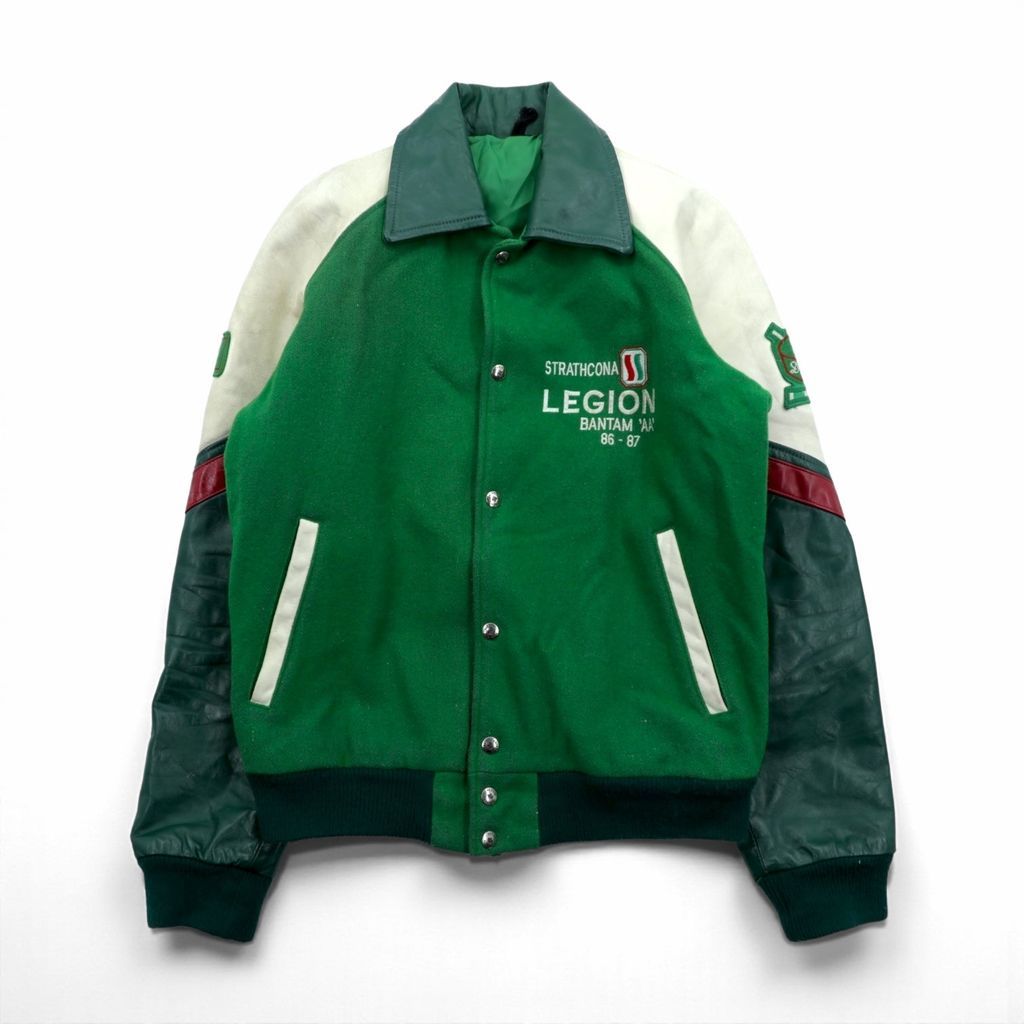 90s カナダ製 ウール×スウェード スタジャン 緑 L 古着 80s Canada Vintage Award Jacket レザー切替 スタジャン XL グリーン