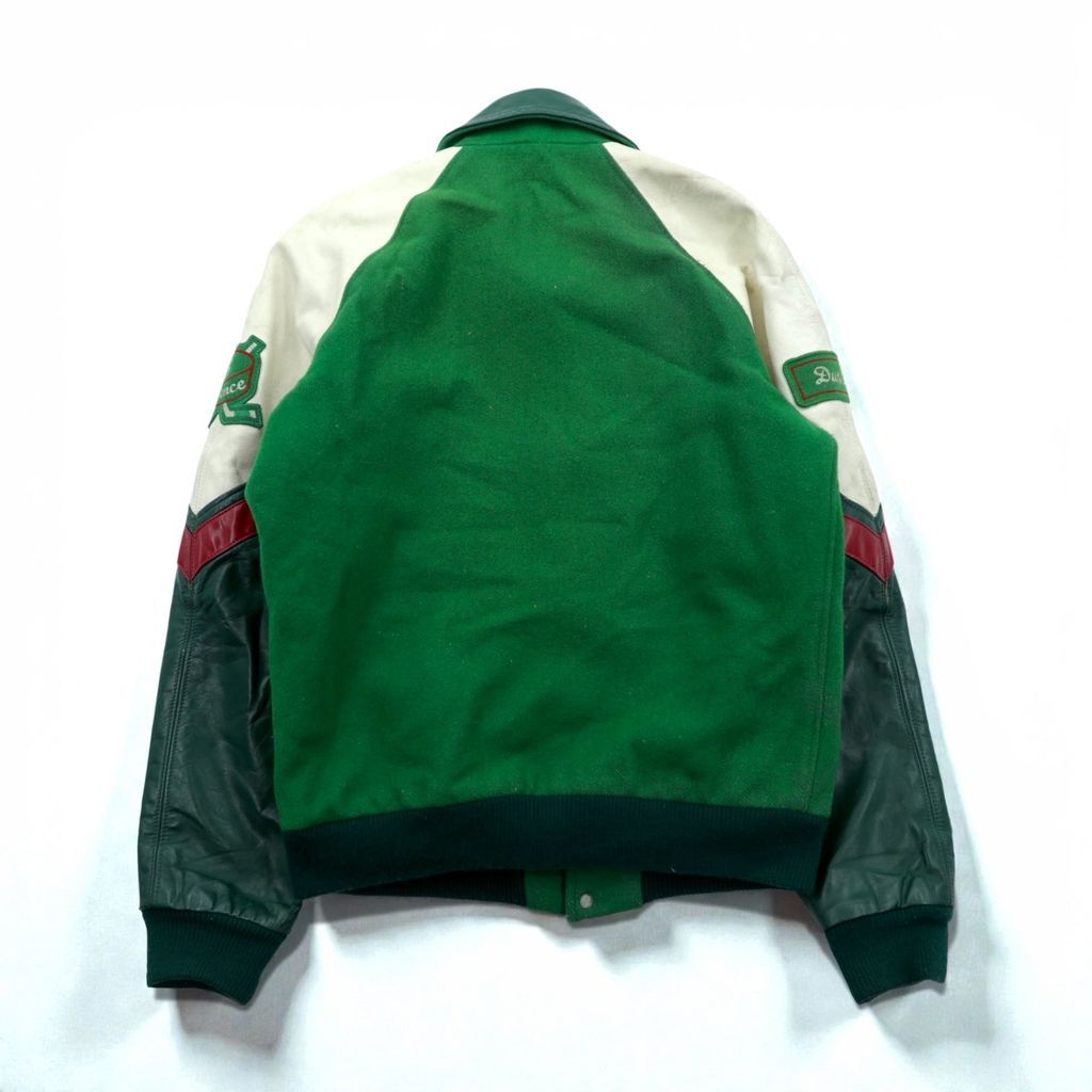 【美品】80sヴィンテージ ウールレザースタジャン 無地 グリーンホワイト L 古着 80s USA製 DeLONG 本革 レザー メルトン ウール 襟付き