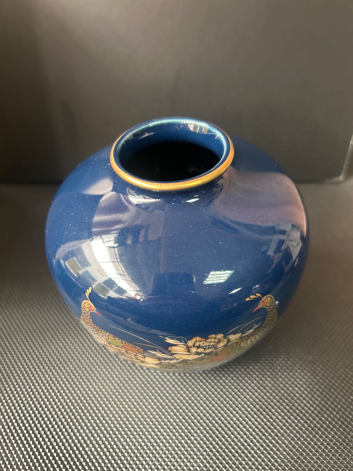 應接揃 西峰作 花瓶 花器 灰皿 孔雀深青色 未使用 応接揃 花瓶と灰皿