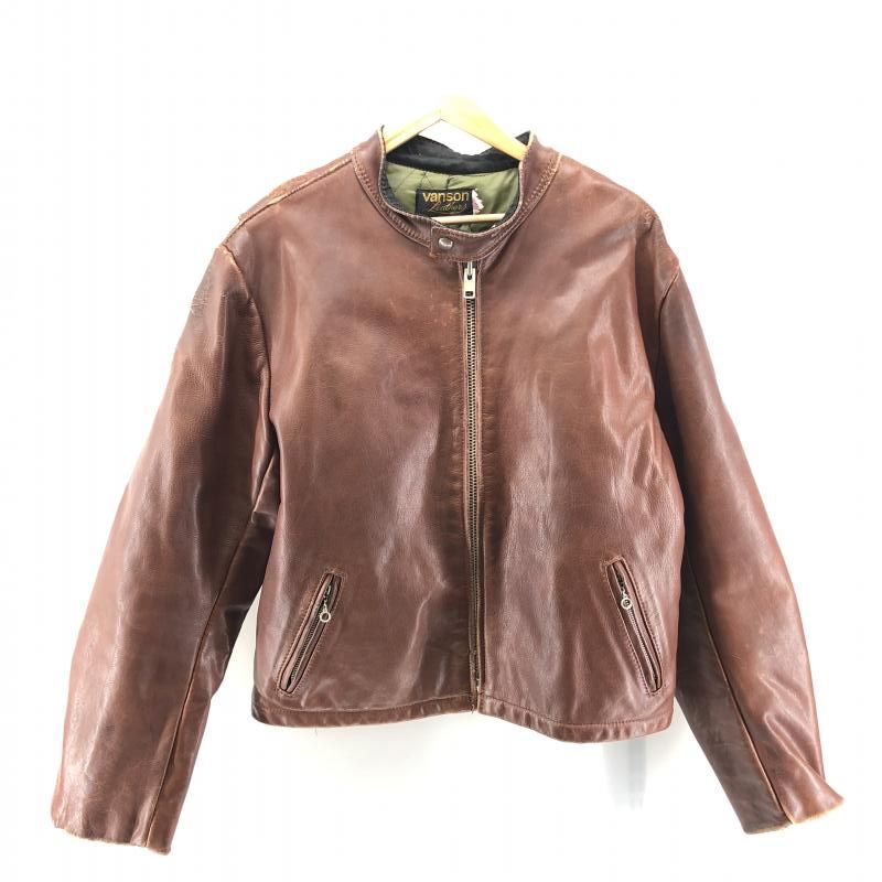 中古】VANSON 70～80s 黒タグ シングルレザーライダース ブラウン M