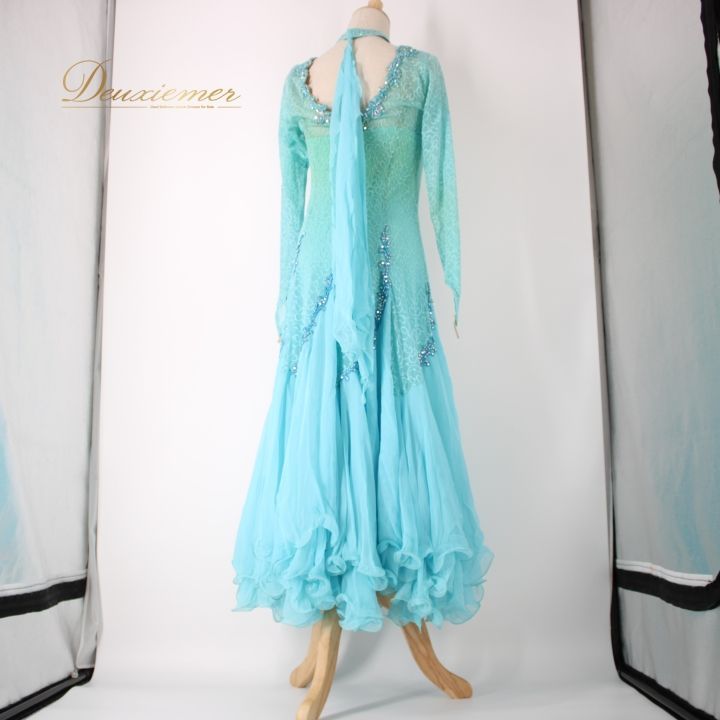 【美品 社交ダンス衣装】ワンピース ドレス 水色 ライトブルー チョーカー 長袖 美品 社交ダンス衣装】ワンピース ドレス 水色 ライトブルー