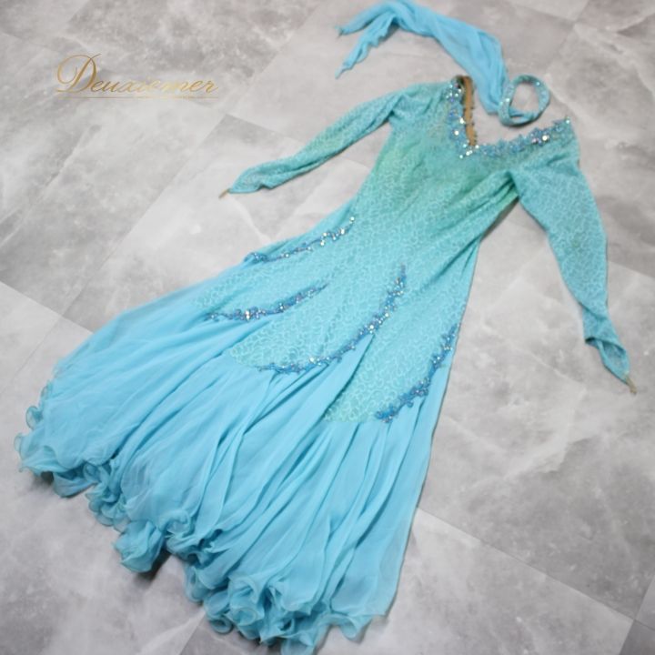 社交ダンス 衣装 スタンダード ドレス ワンピース パーティドレス 水色