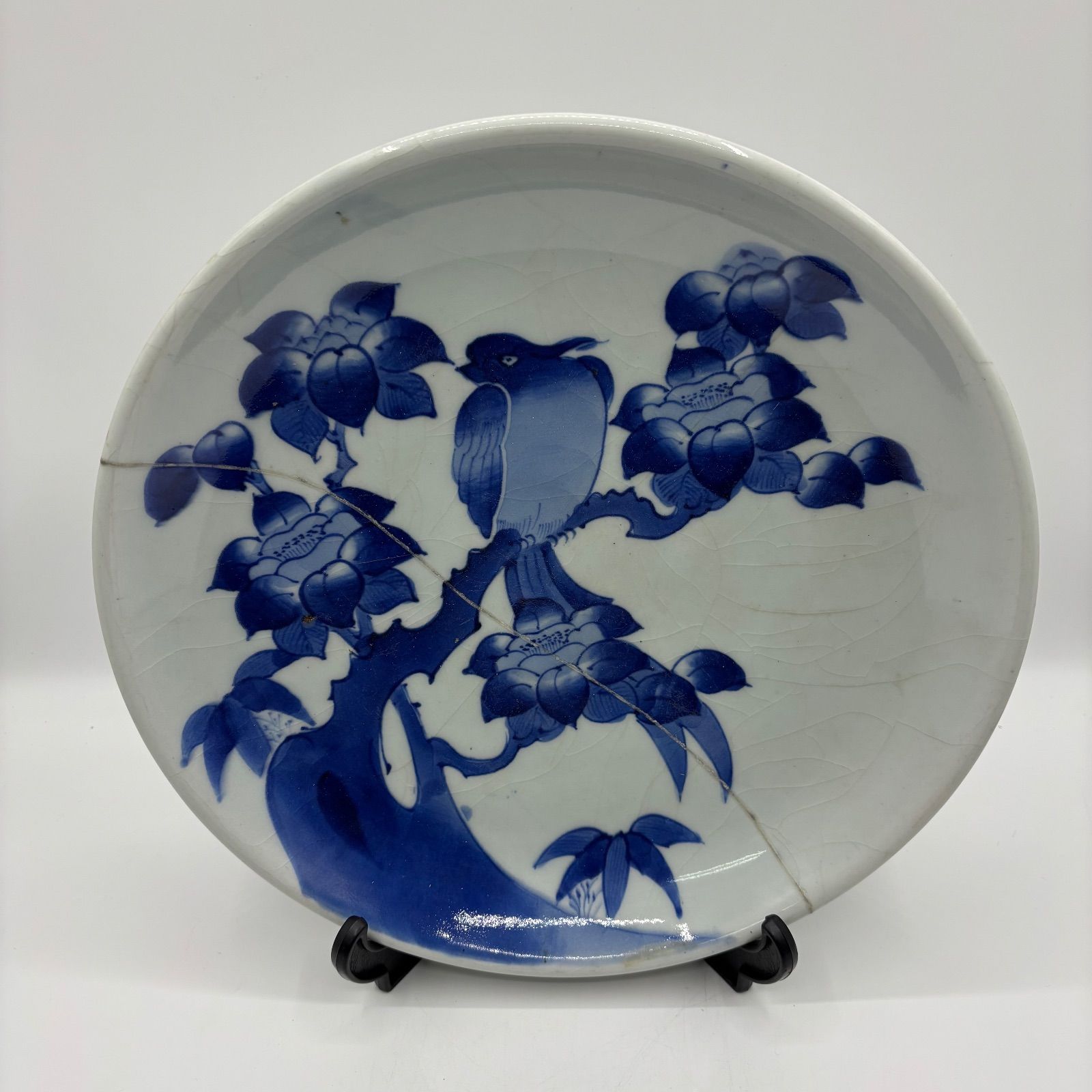 古伊万里 志田焼【牡丹鳥文 染付 大皿】直しあり 江戸後期〜明治期