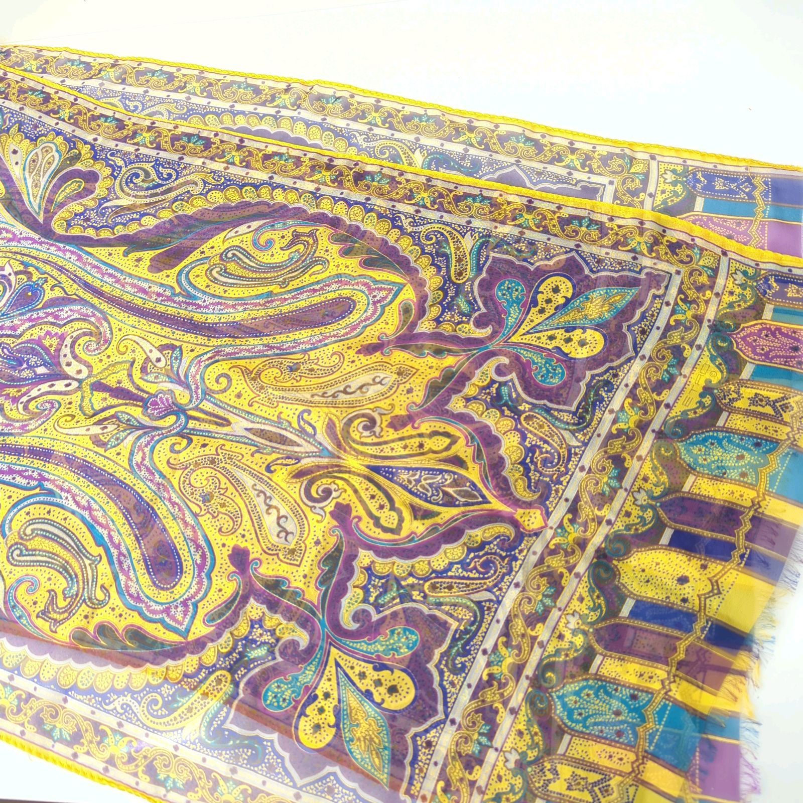 E エトロ ETRO スカーフ ペイズリー柄 シルク100% 黄 紫 イエロー 美品