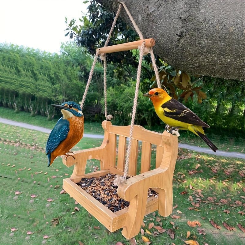 【新品?未使用】吊り下げ バードフィーダー 小鳥 野鳥 用 給餌器 餌箱 餌台えさ置き ベンチ 椅子 長椅子 木製 餌入れ 鳥 インテリア ガーデ