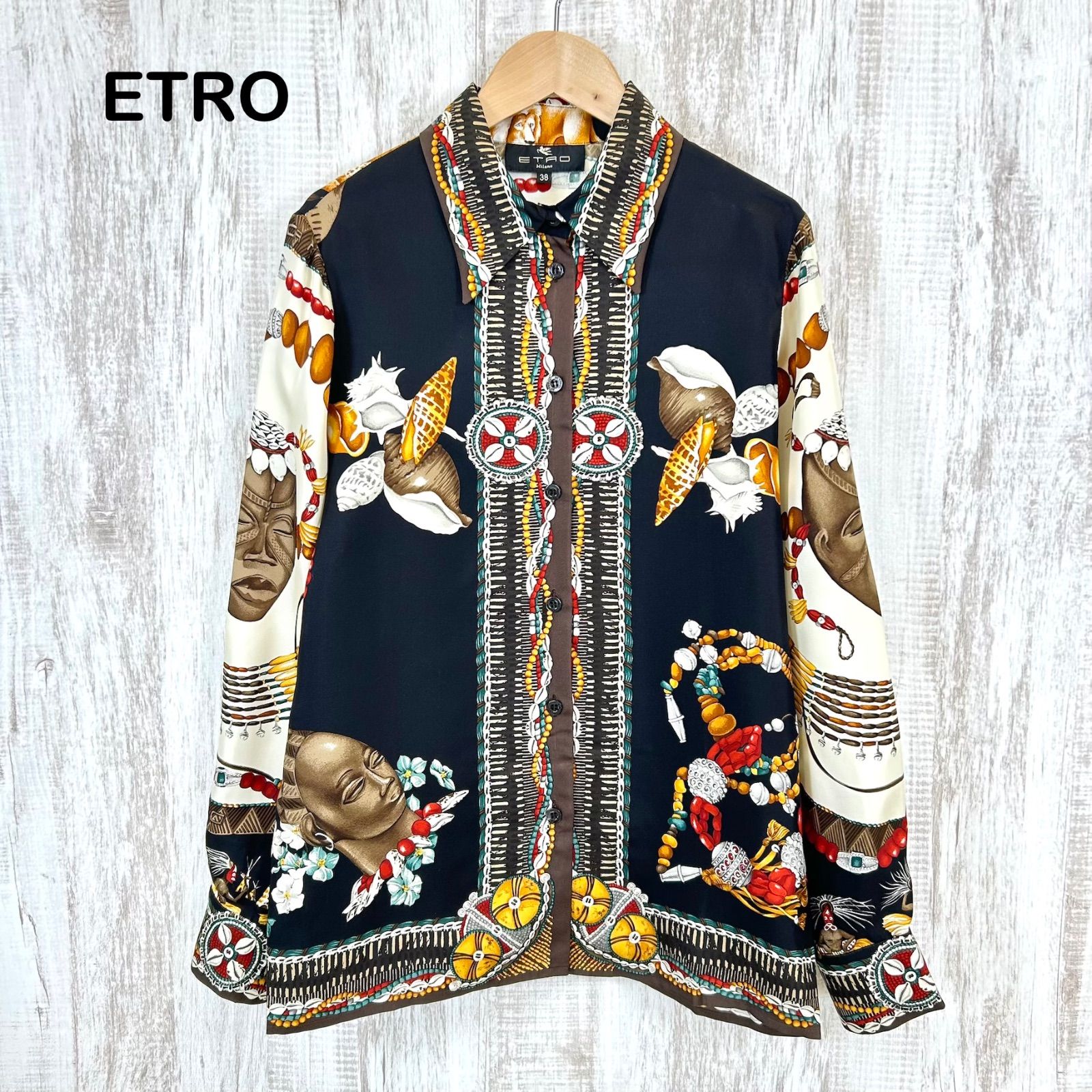 美品 90s ETRO ヴィンテージ エトロ アフリカモチーフ シルク100