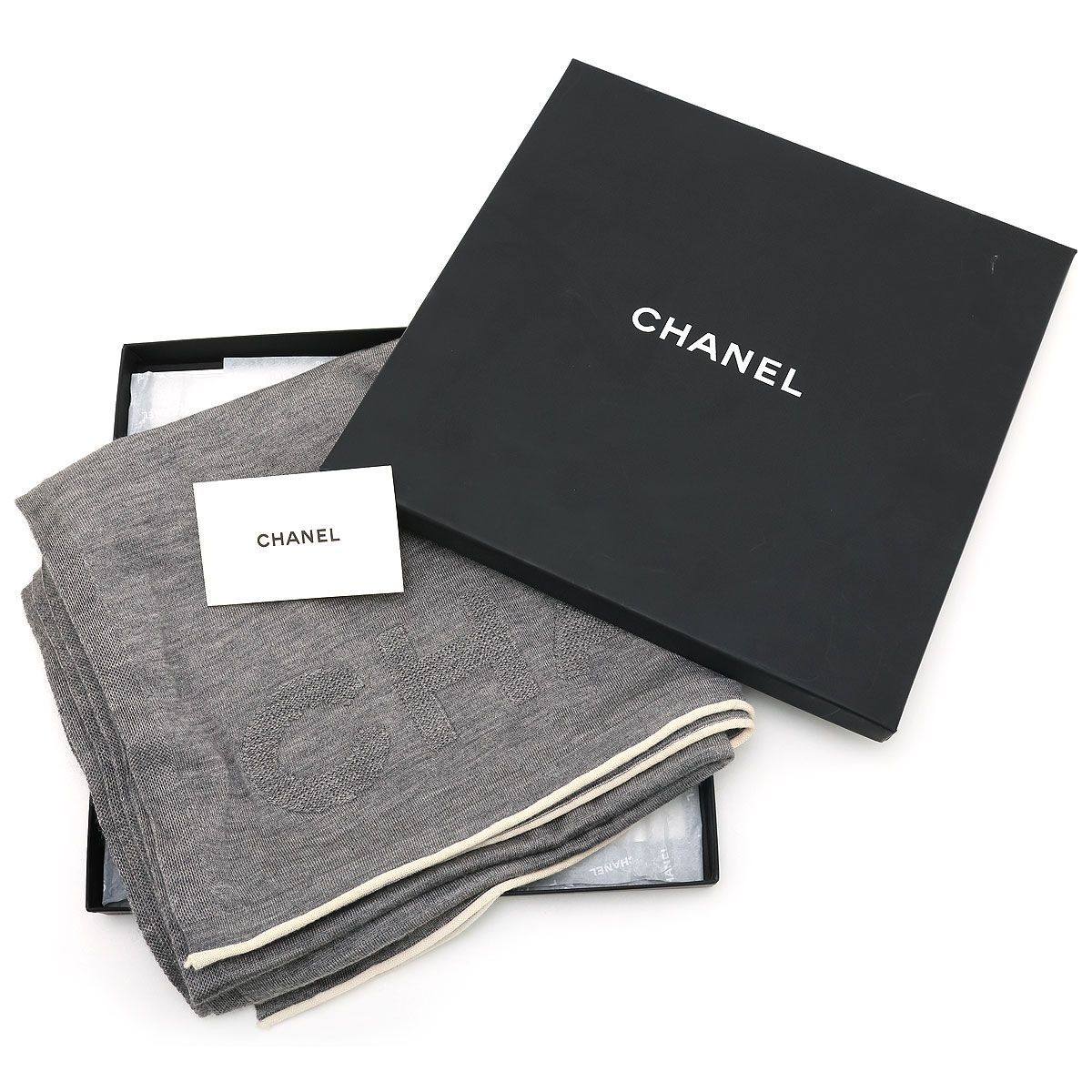 美品 】CHANEL シャネル ロゴ ストール カシミア シルク グレー