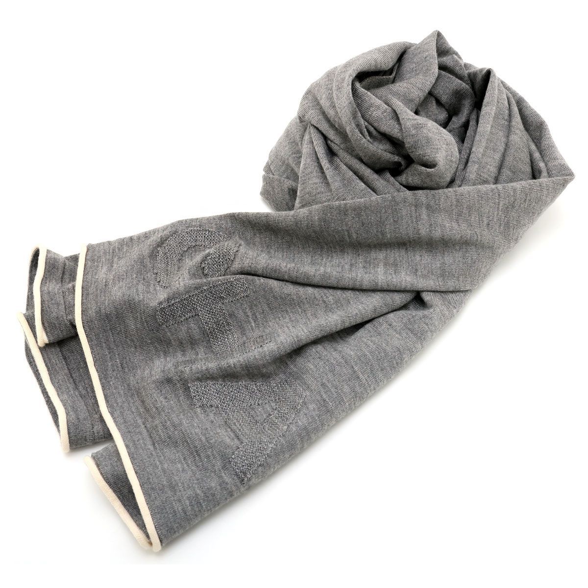 美品 】CHANEL シャネル ロゴ ストール カシミア シルク グレー