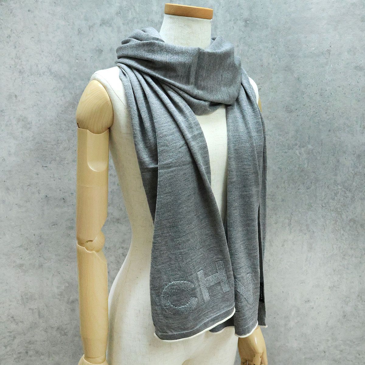 美品 】CHANEL シャネル ロゴ ストール カシミア シルク グレー