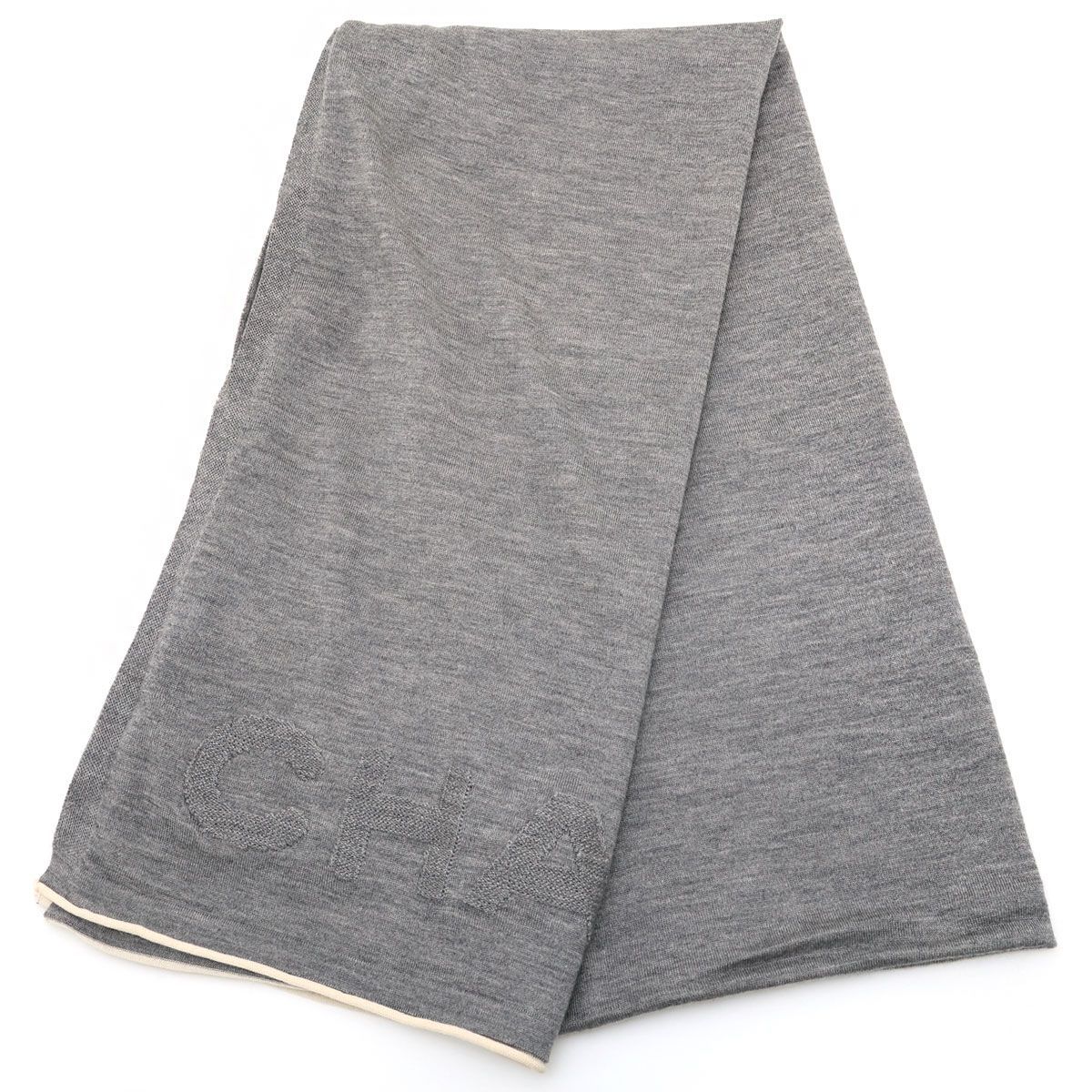 美品 】CHANEL シャネル ロゴ ストール カシミア シルク グレー
