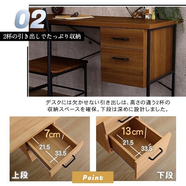 【お値下げ最終・超メルカリ市】ワークデスク 120cm幅 引き出し2段 ヴィンテージ調 デスク&チェアセット ［幅120cm］ デスク ワークデスク