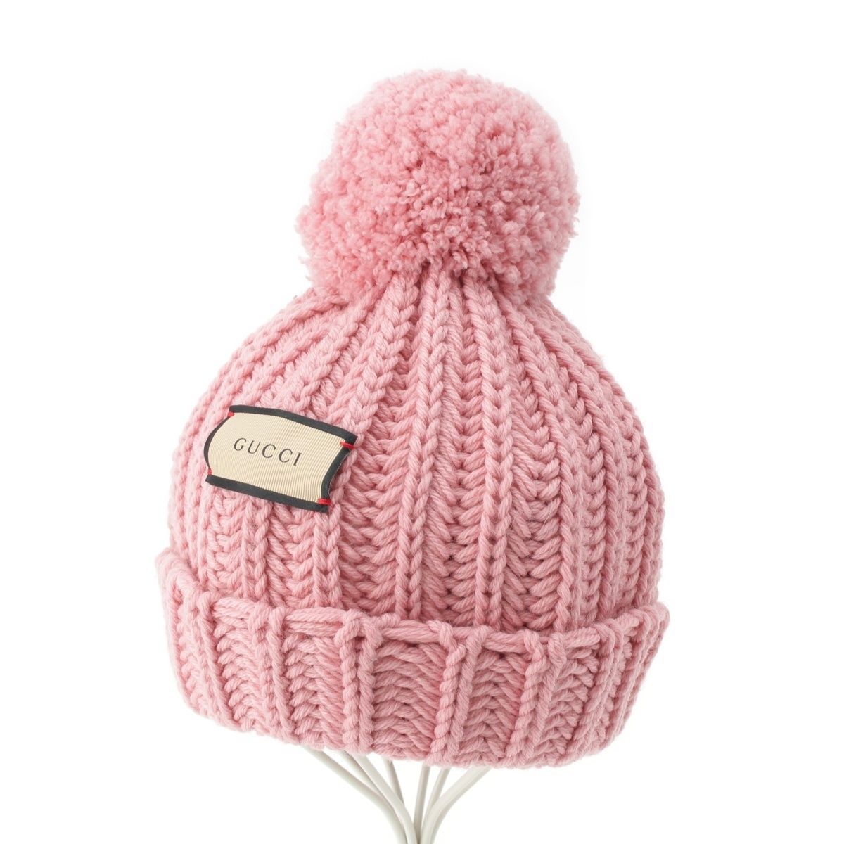 GUCCI ポンポン付きニット帽 ピンク グッチ ウール ロゴパッチ ボンボン ニット帽 ニットキャップ 帽子