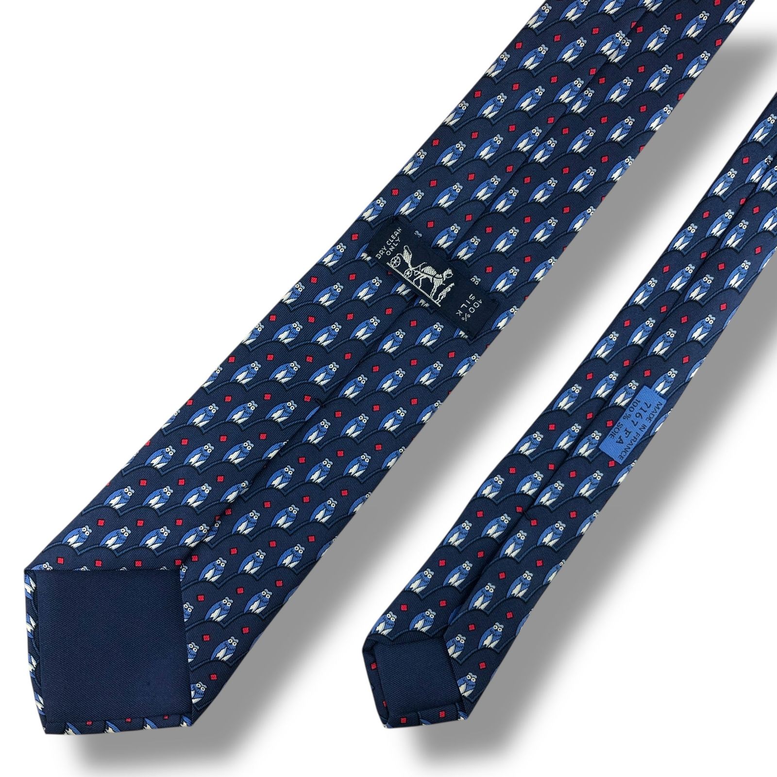 HERMES　エルメス　ネクタイ　フクロウ　総柄　ドット　グレージュ系 7834】可品！エルメス ネクタイ ブルー系 フクロウ柄 - メルカリ