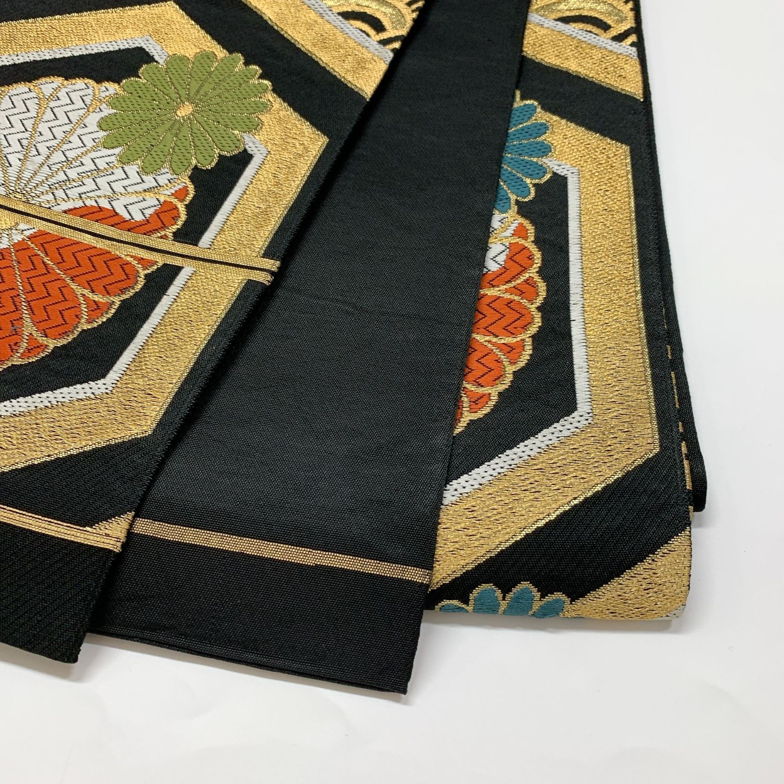 6634］袋帯 桐菊亀甲文様 金彩 黒 六通 正絹 着物 フォーマル - メルカリ