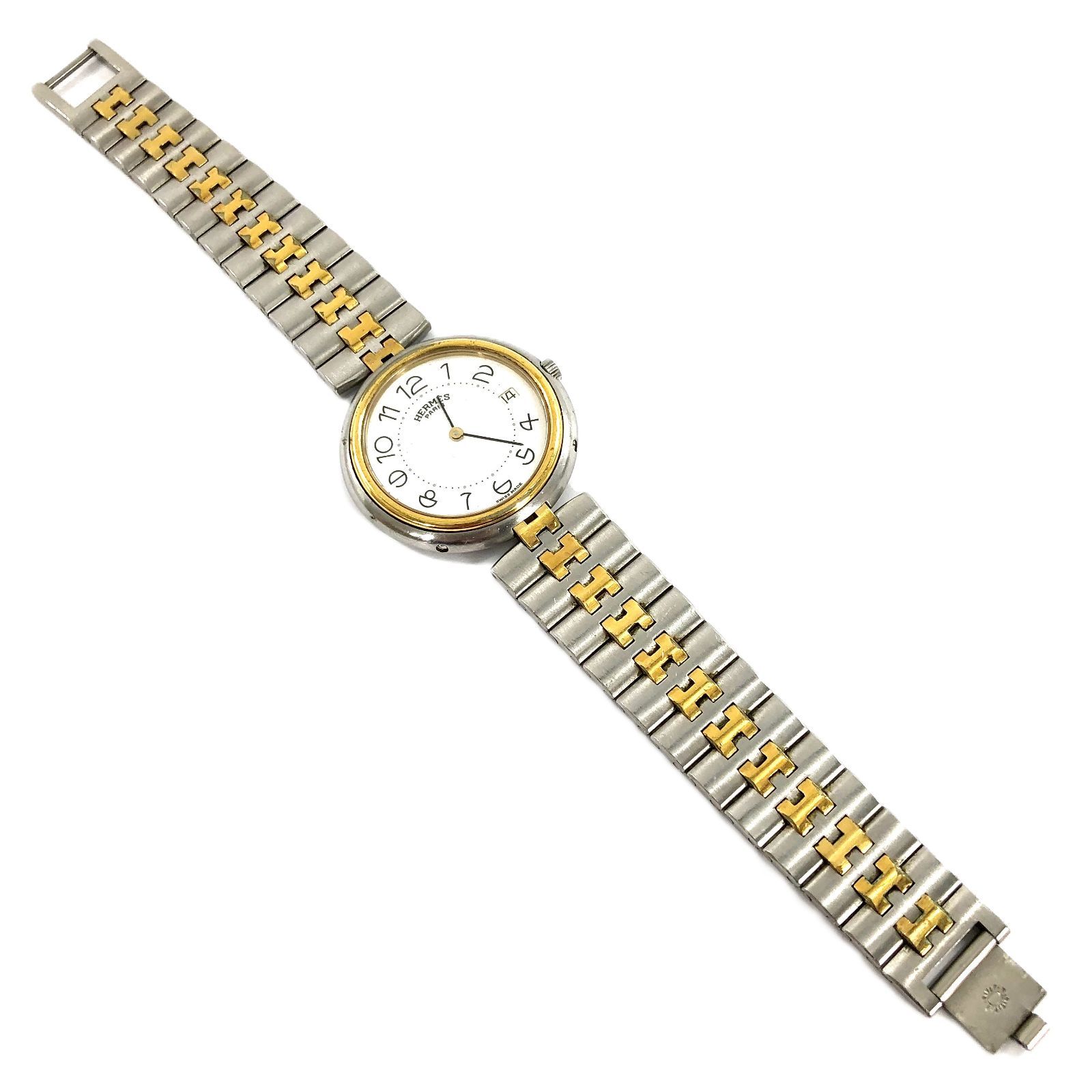 HERMES エルメス プロフィール デイト QZ/SS ホワイト文字盤 稼働品