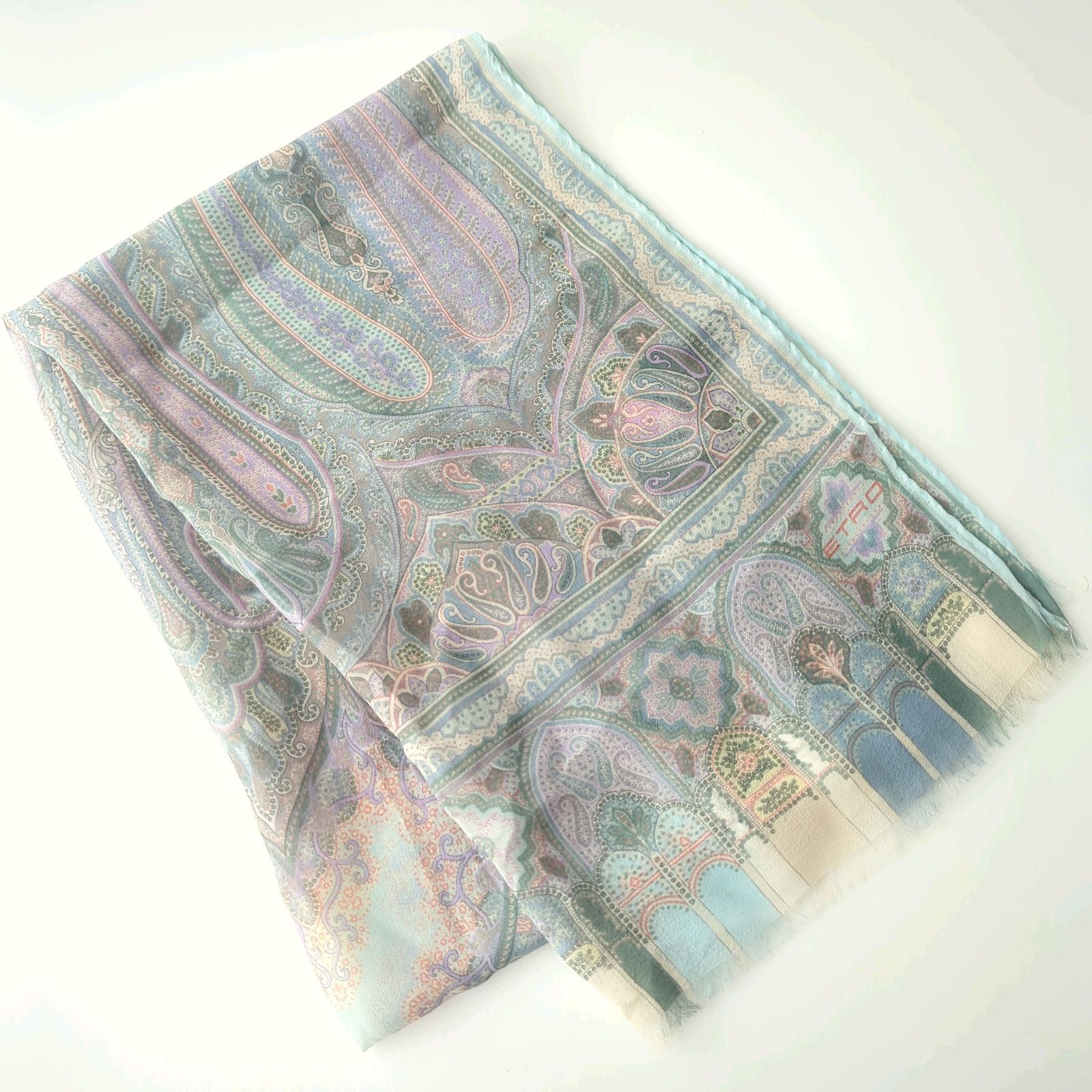 I エトロ ETRO シルク 100% スカーフ ストール ペイズリー ブルー 水色
