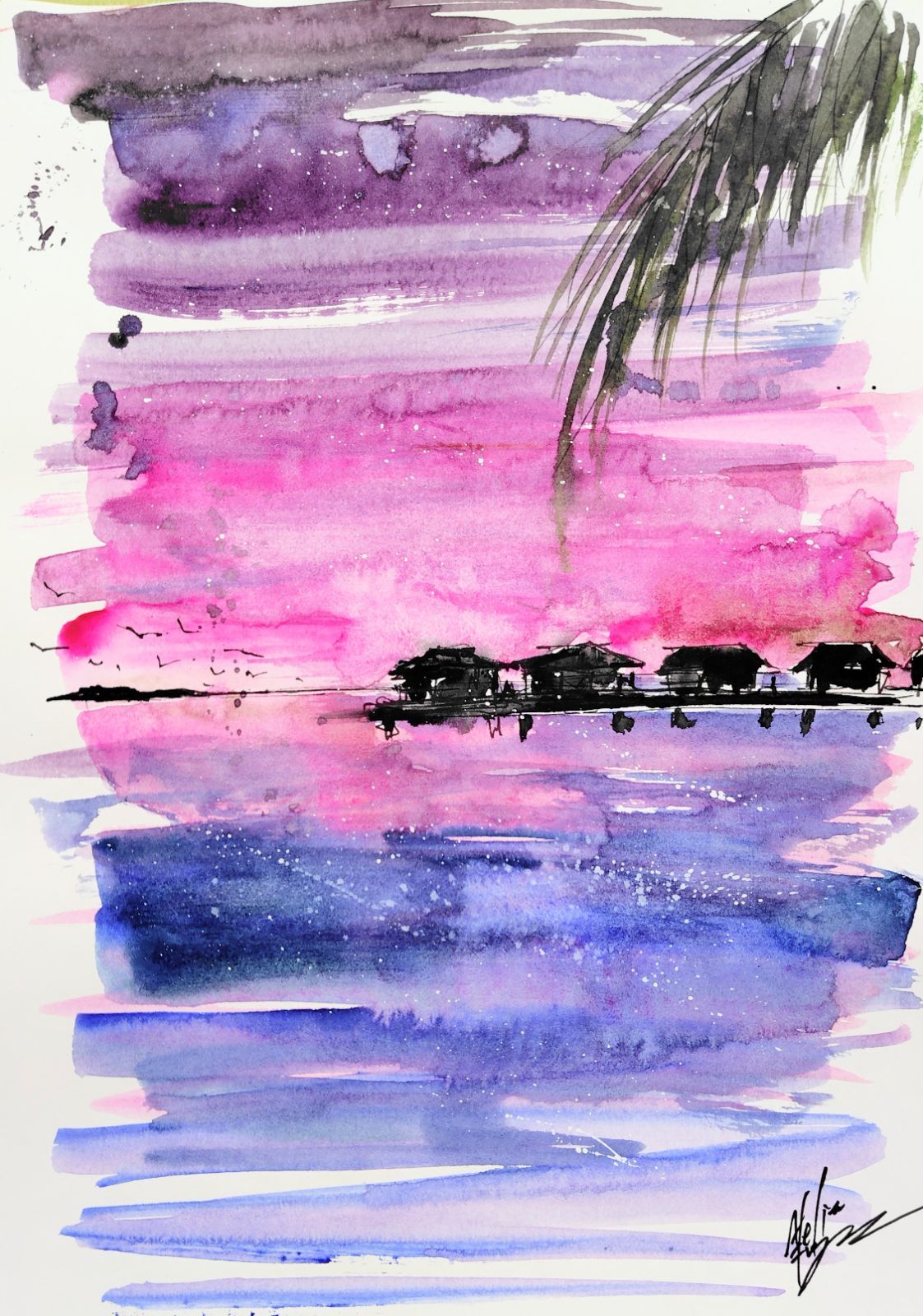 原画#260 モルディブ 海 水彩画 ドローイング インテリア アート 風景