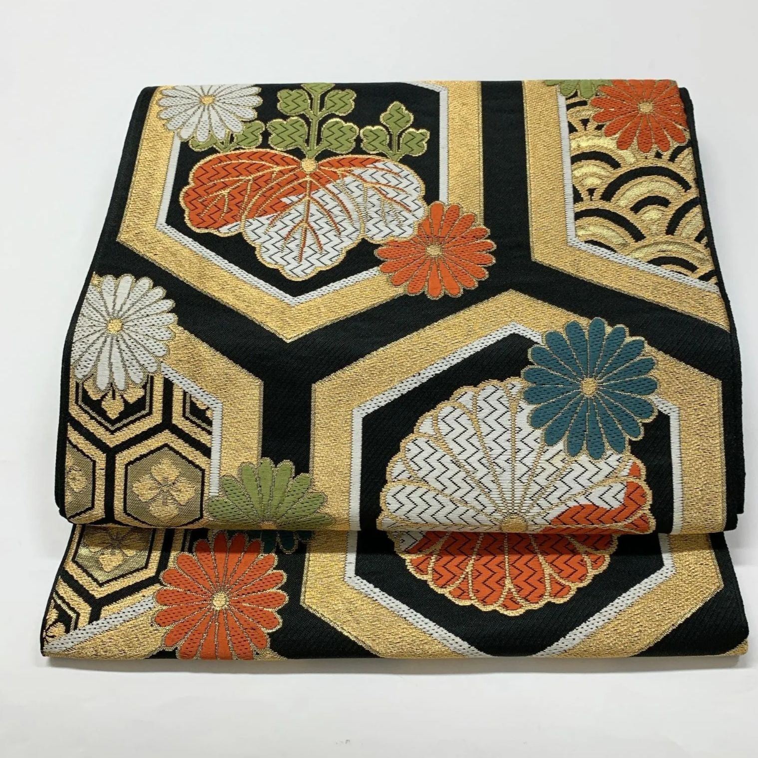 6634］袋帯 桐菊亀甲文様 金彩 黒 六通 正絹 着物 フォーマル - メルカリ