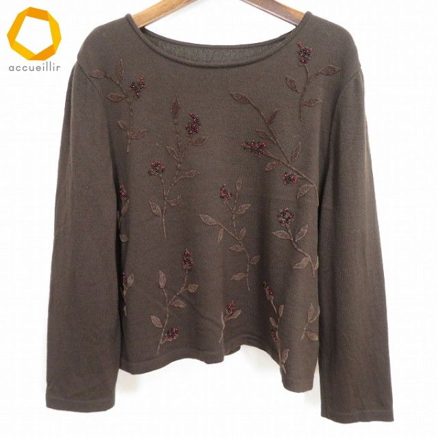 w レリアン Leilian ニット セーター 13+ 茶色 ウール フロッキー 花