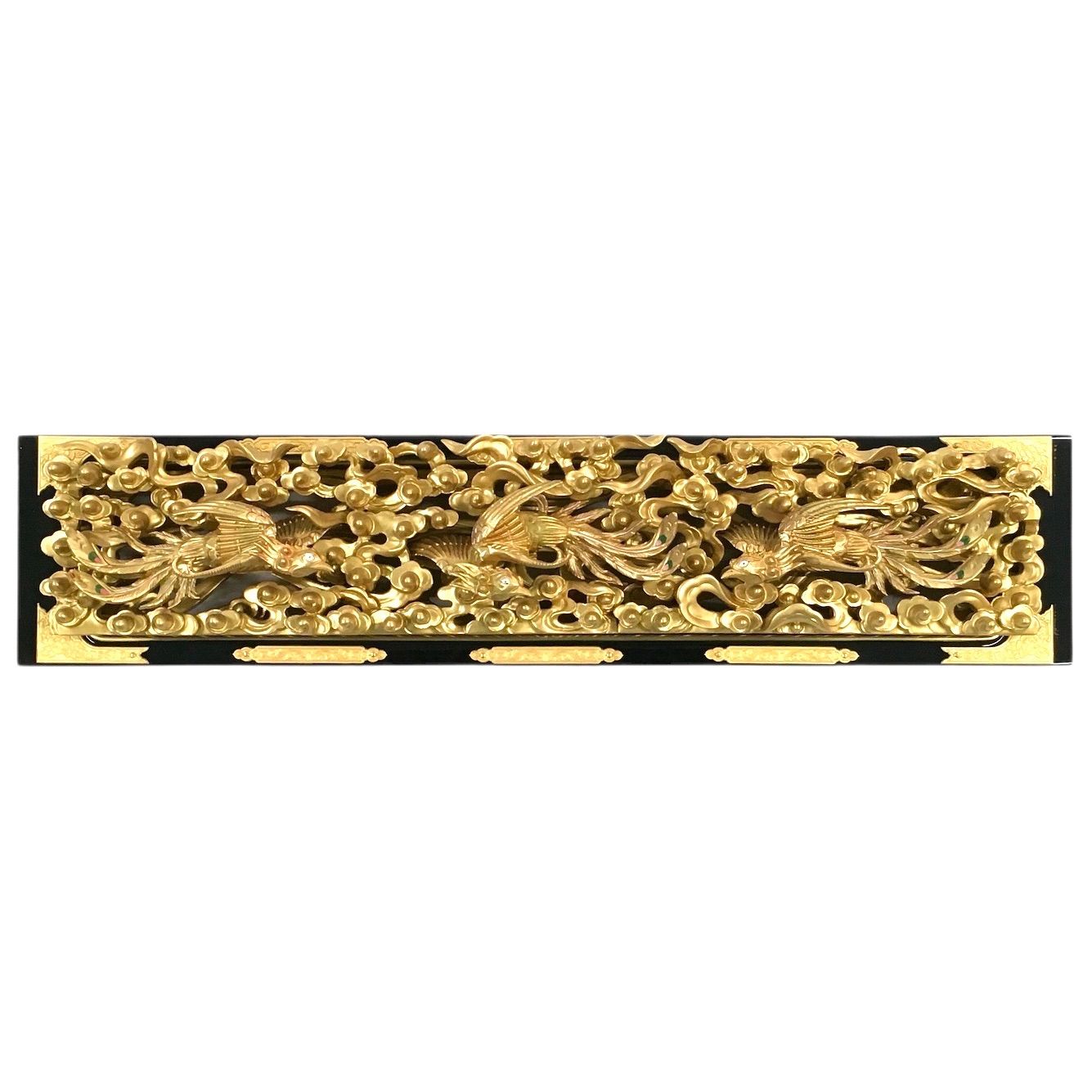 仏教美術　仏壇欄間　双鳳凰金箔彫刻 欄間 高級仏壇彫刻 鳳凰 木製金箔 金具打ち 仏教美術 - メルカリ