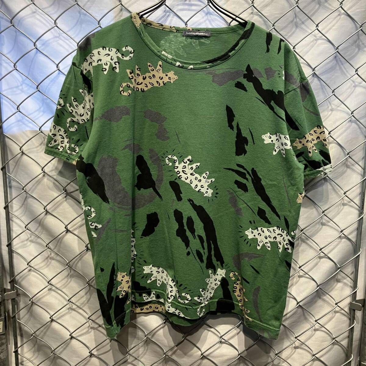 80s ISSEY MIYAKE 半袖Tシャツ 筆タグ ヒョウ size M グリーン