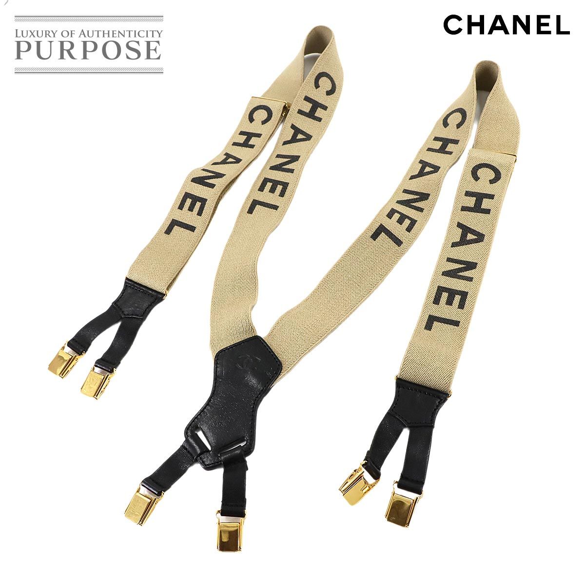 シャネル CHANEL サスペンダー ロゴ キャンバス レザー ベージュ ブラック ゴールド 金具 ヴィンテージ Suspender 90307889