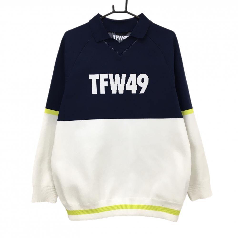 超美品】TFW49 襟付セーター 白×ネイビー ロゴ 抗ピリング性 UVカット