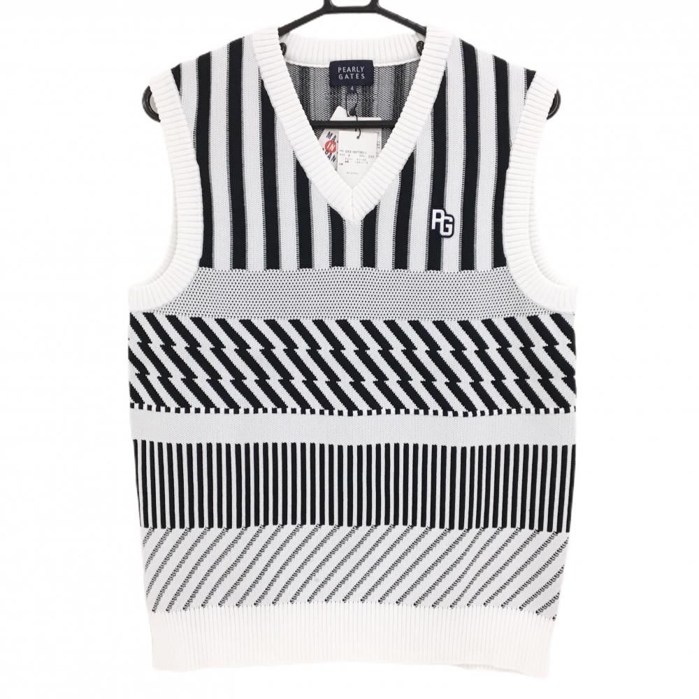 新品】パーリーゲイツ ニットベスト 白×ダークネイビー 総柄 胸ロゴ V