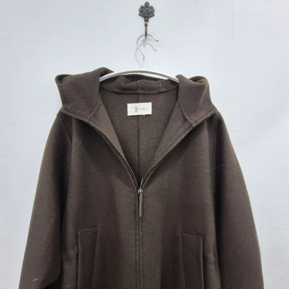 レディース ESTNATIONカーキブラウンフード付きロングコートsize38