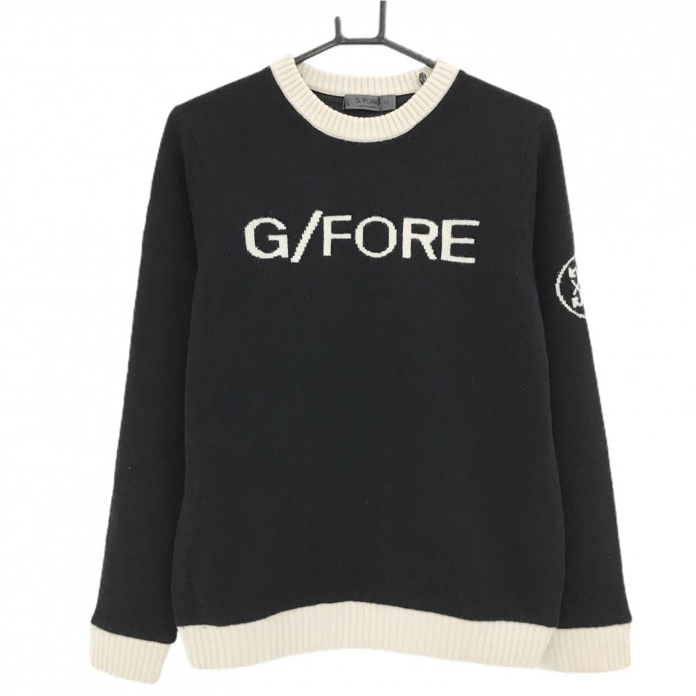 美品】ジーフォア 裏地付セーター 黒×白 フロントロゴ カシミヤ混