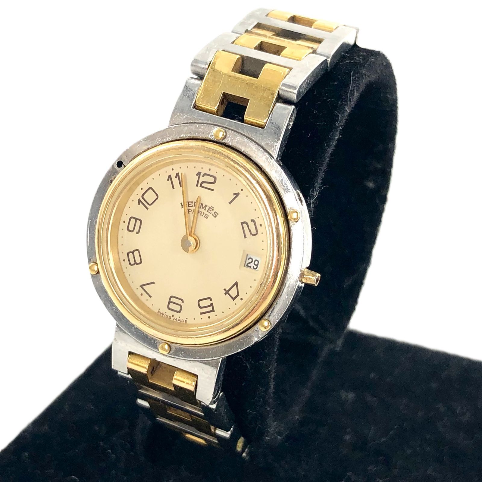 HERMES エルメス Clipper クリッパー デイト QZ/SS イエロー文字盤