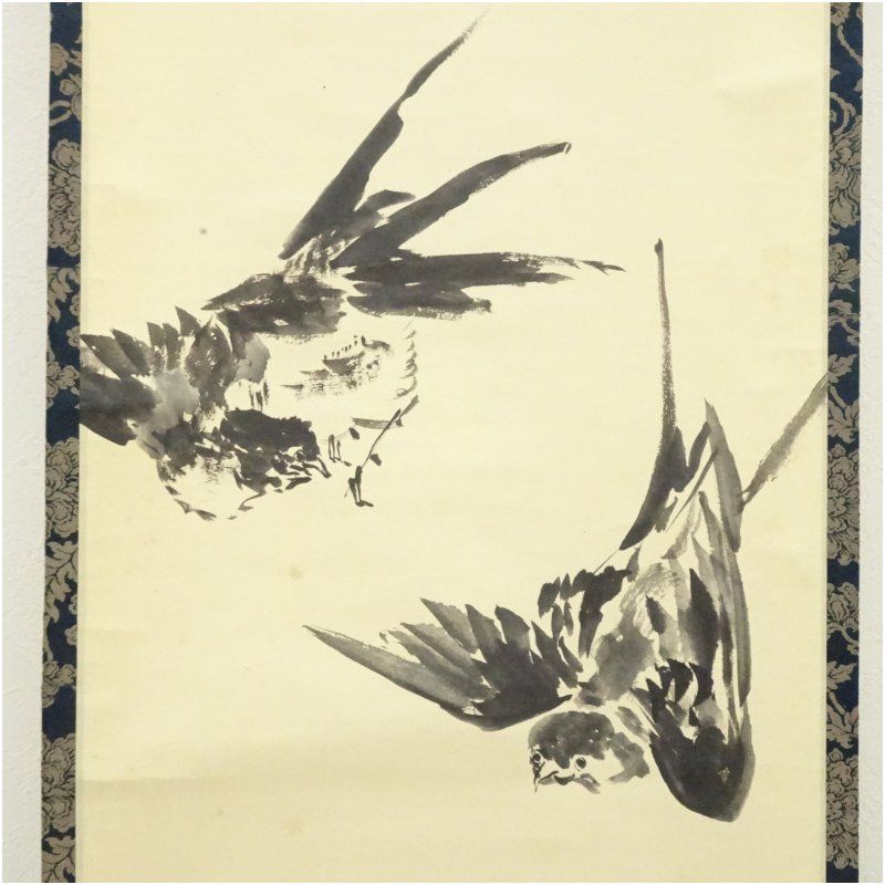 大徳寺 山口大痴（萬拙）筆 漢詩 鳥画賛 肉筆紙本掛軸（共箱） 掛け軸