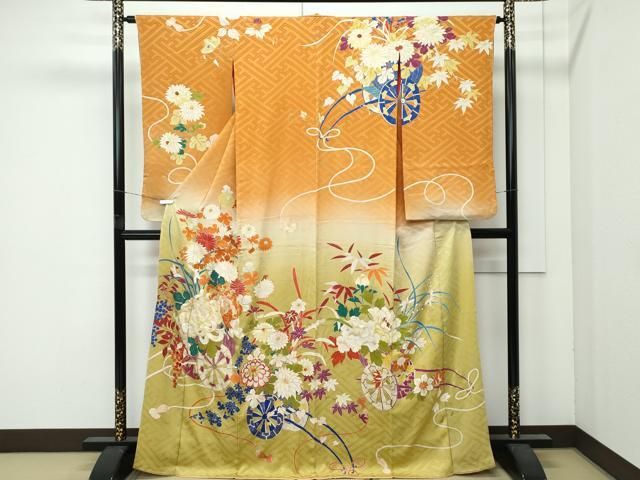 平和屋着物●極上　アンティーク　大正ロマン　小振袖　駒刺繍　花車文　暈し染め　金銀彩　逸品　CZAA4906s6 平和屋着物○極上 アンティーク 大正ロマン 小振袖 駒刺繍 花車文 暈し