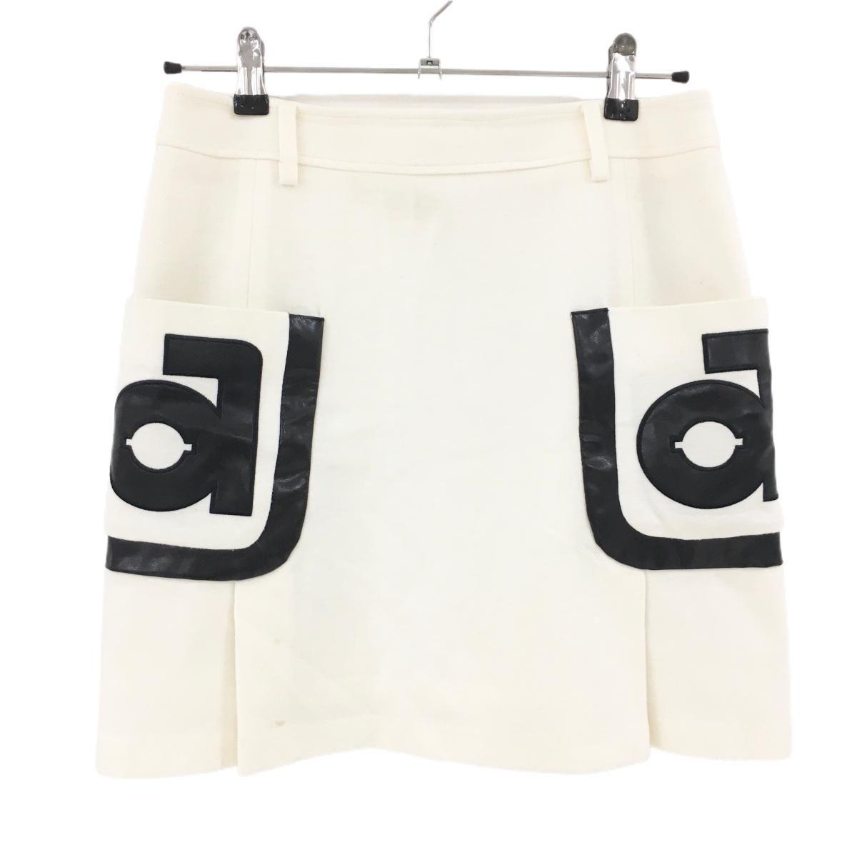 アルチビオ スカート 白×黒 ポケット部合成皮革 ウール混 裏地付