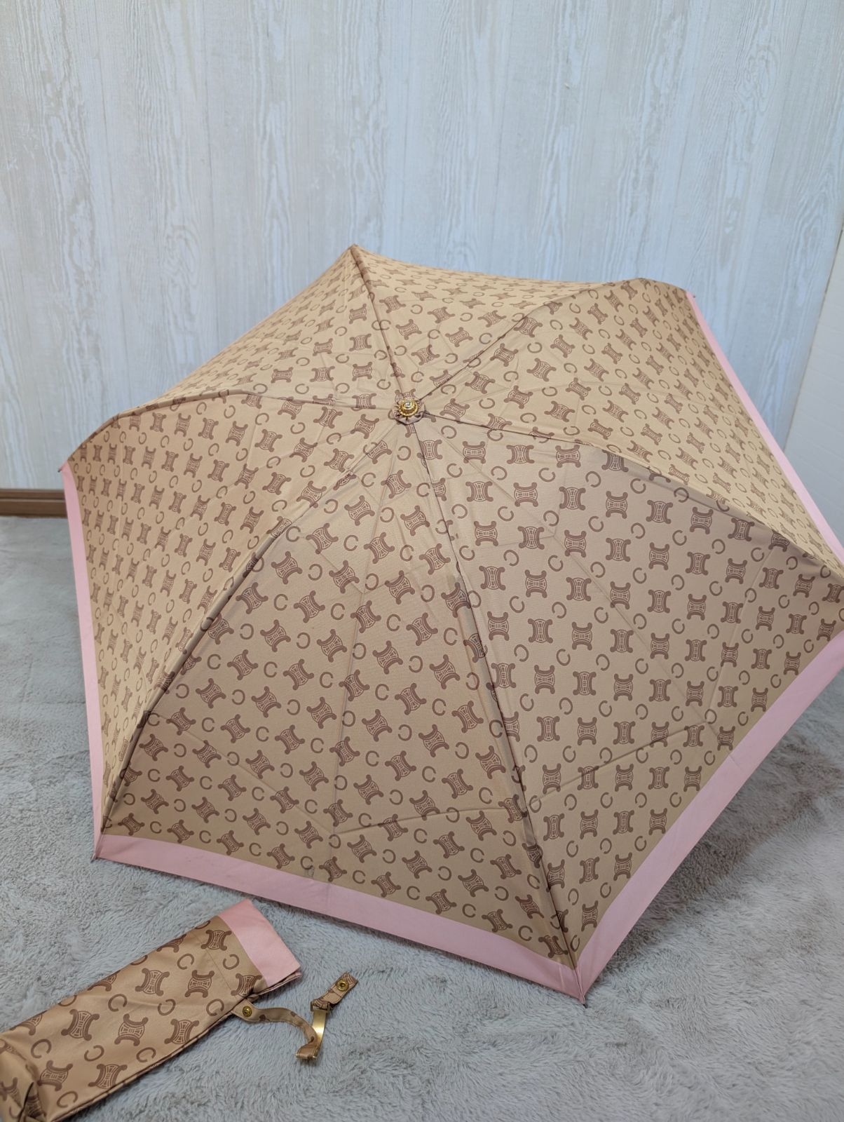 セリーヌ CELINE マカダム柄 折り畳み傘 ムーンバット キャメル×ピンク