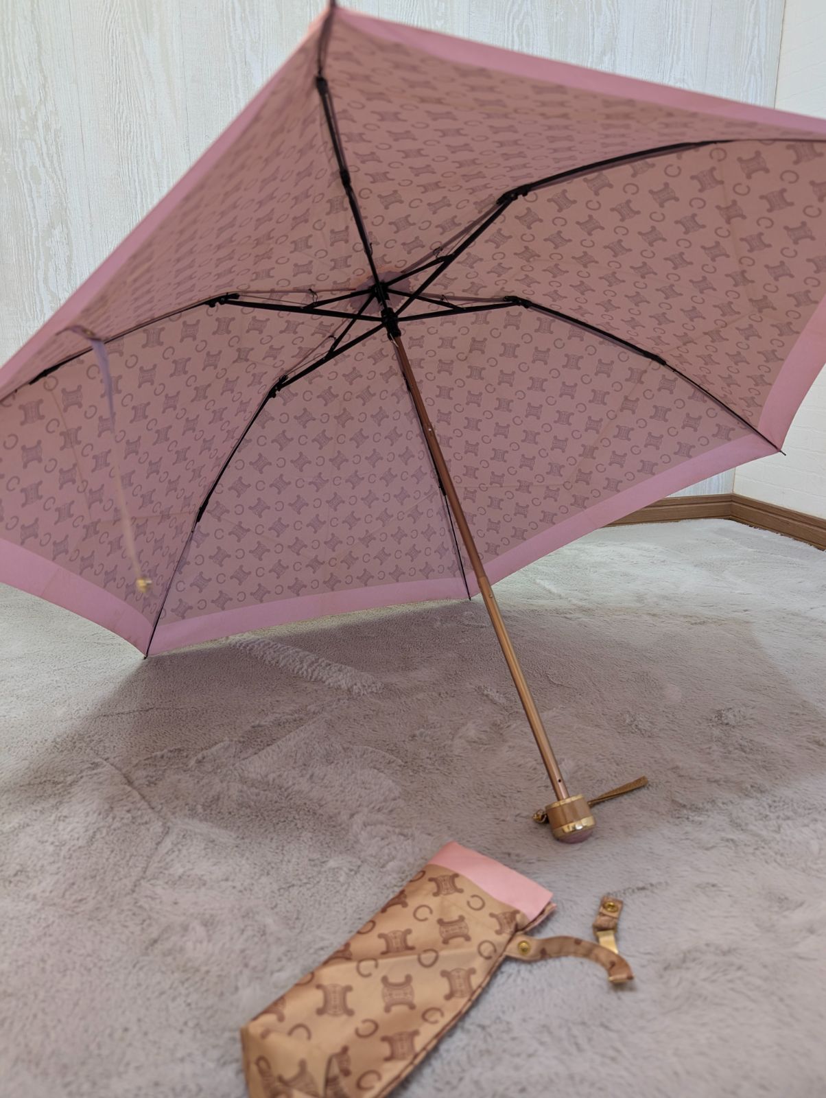 CELNE セリーヌ　マカダム柄　ピンク系　長傘 紙タグ付き/未使用品】CELINE セリーヌ 長傘 傘 ブルー×ピンク系