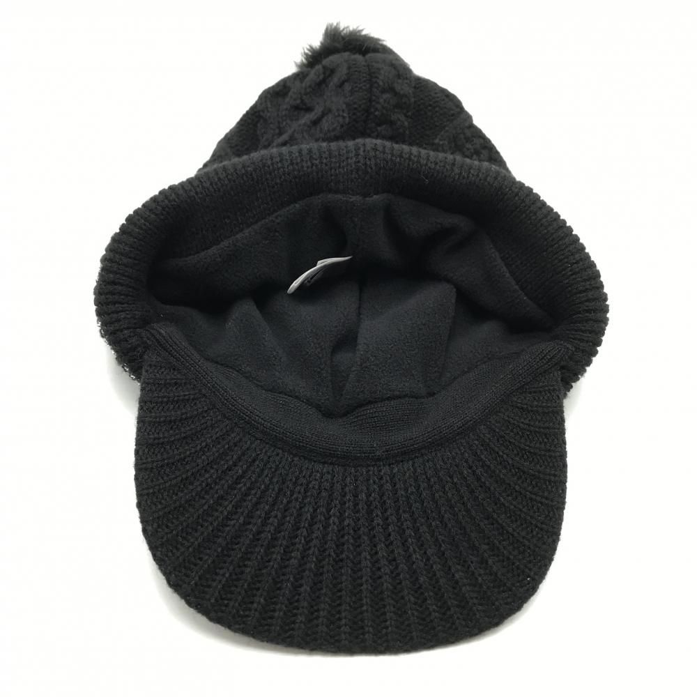 超美品】パーリーゲイツ つば付ニット帽 黒×シルバー ケーブル編み