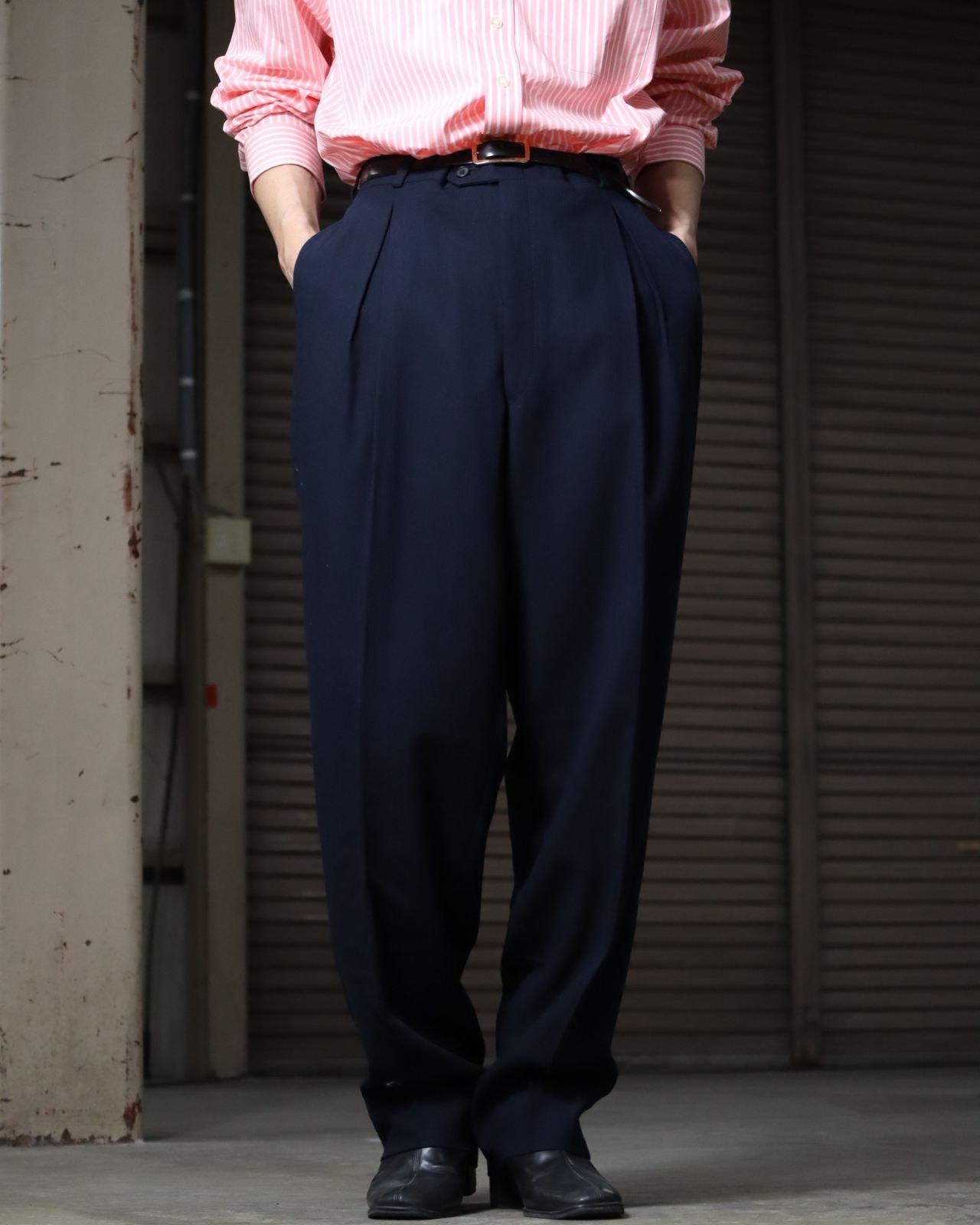 1970s jacquard stripe 3tuck wide-straight slacks navy 70年代 3