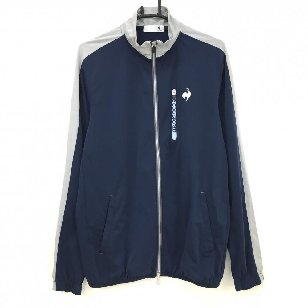 美品 le coq sportif ゴルフジャケット L ネイビー 美品】ルコックゴルフ ジャケット ネイビー×グレー 袖ライン ロゴ白