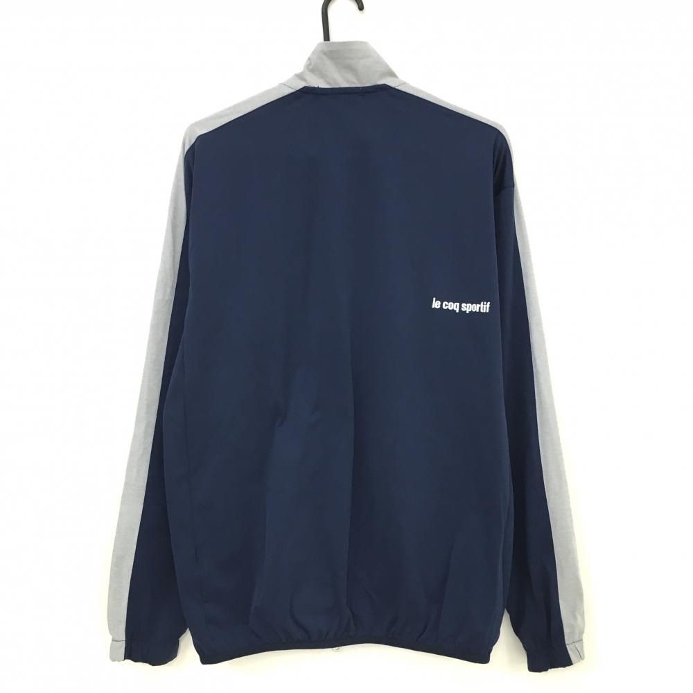 美品 le coq sportif ゴルフジャケット L ネイビー 美品】ルコックゴルフ ジャケット ネイビー×グレー 袖ライン ロゴ白