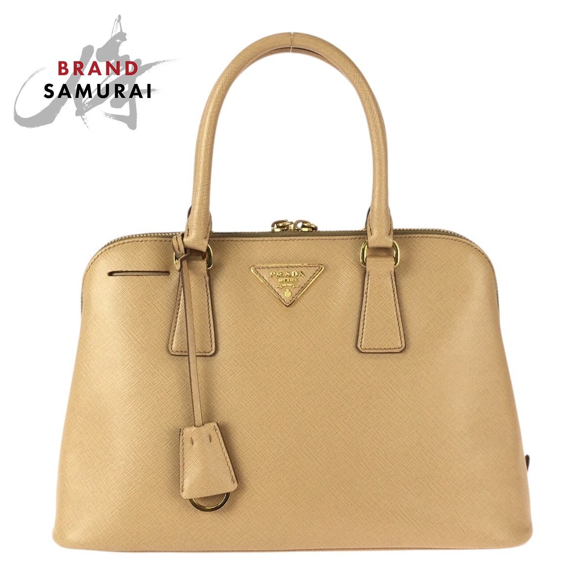 美品 PRADA プラダ サフィアーノ 三角ロゴプレート ベージュ ゴールド